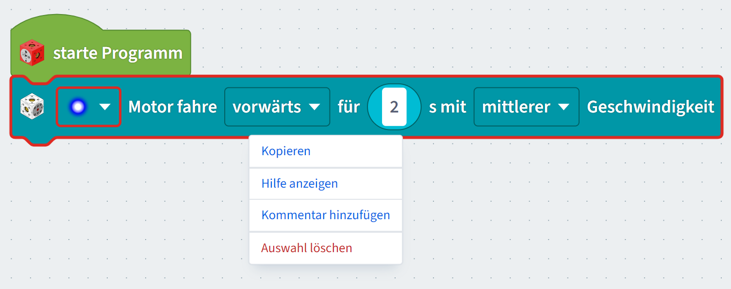 Screenshot des Kontextmenü eines Blocks