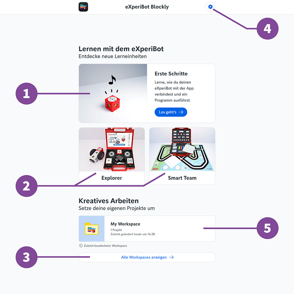 Der Startbildschirm von eXperiBot Blockly