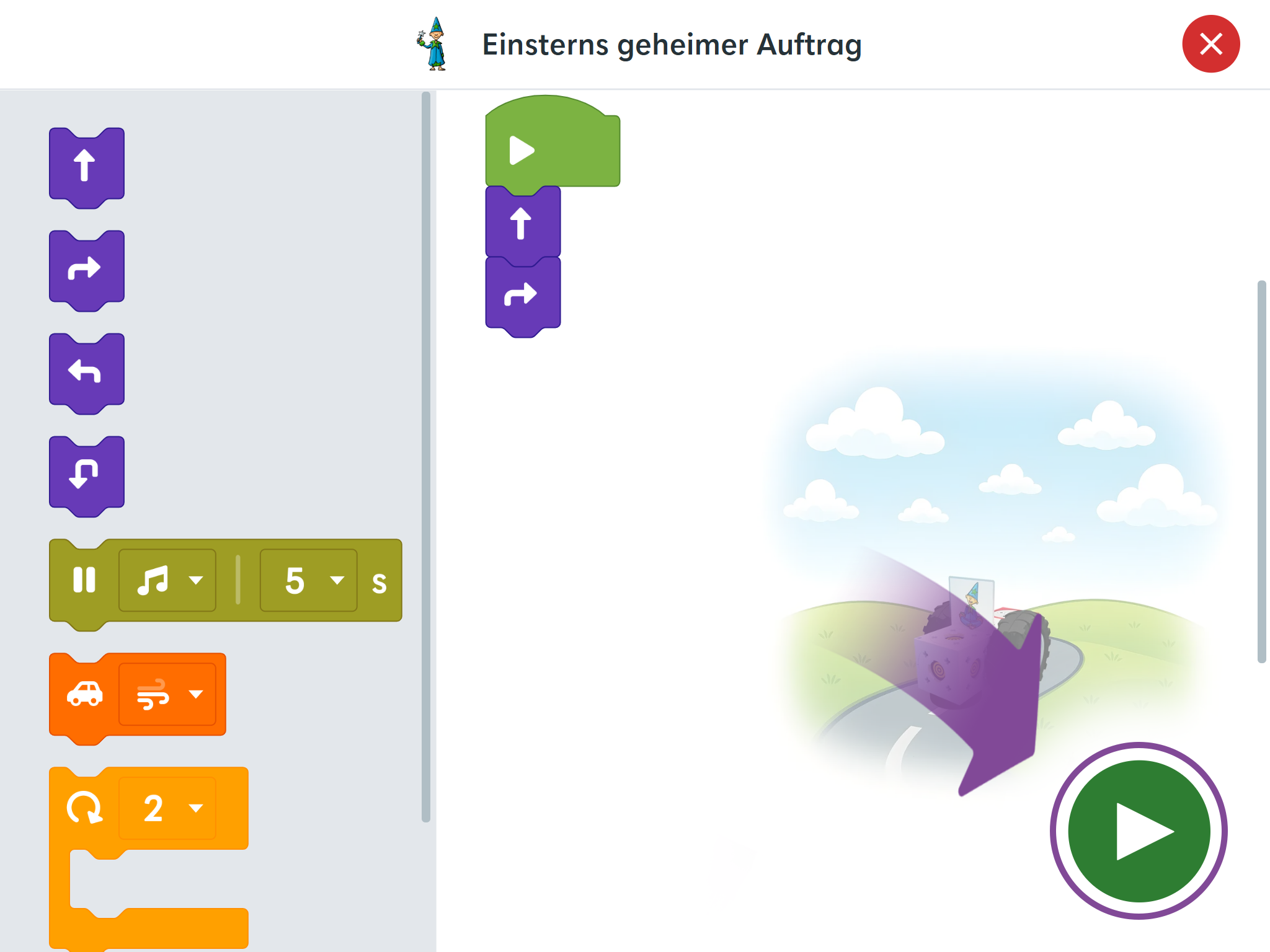 eXperiBot Kids App mit hervorgehobenem „Starte Programm“ block .