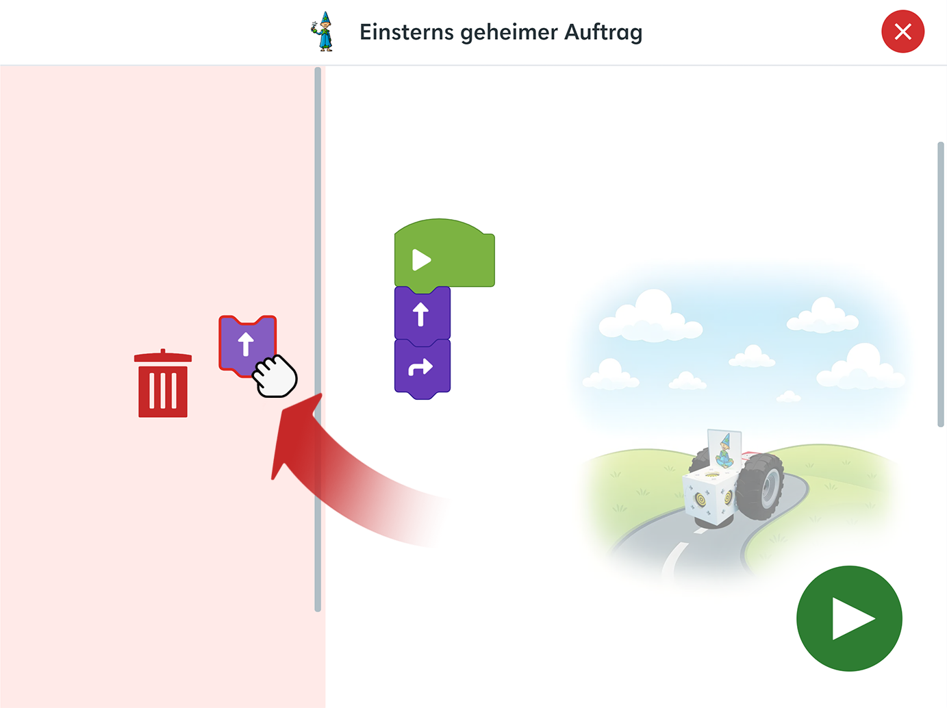 eXperiBot Kids Editor, in dem ein Block gelöscht wird.