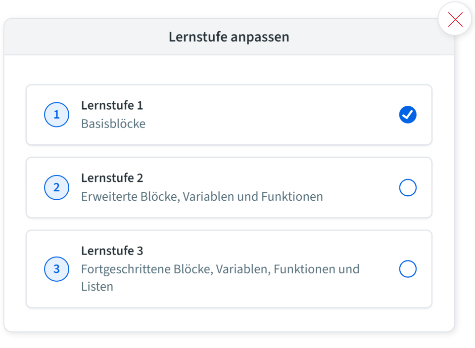 Dialog zur Auswahl der Lernstufe