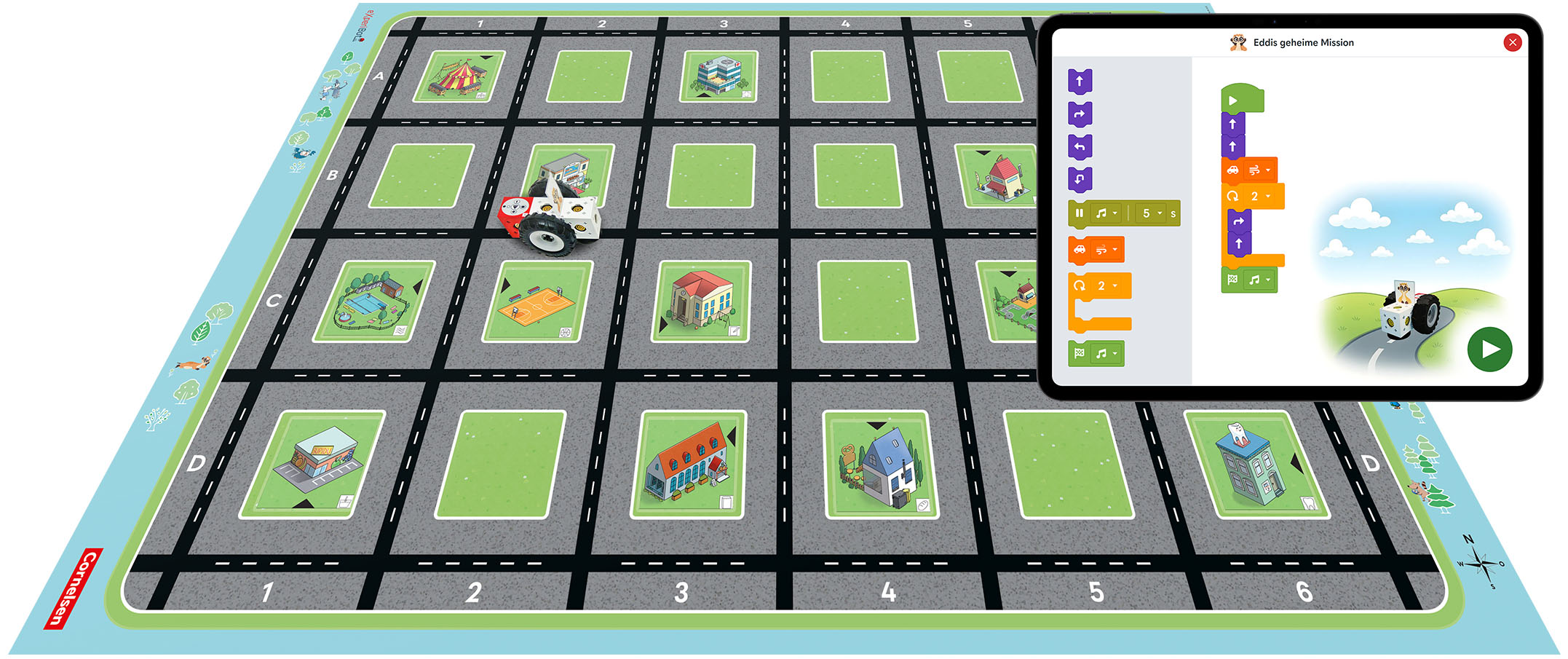 eXperiBot Spielmatte „Wege programmieren“ und ein Tablet mit der eXperiBot Kids App