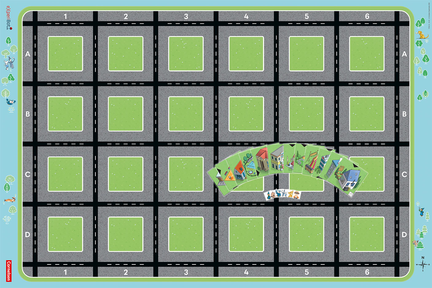 „Wege Programmieren“ Spielmatte mit ausgedruckten und laminierten Spielkarten.