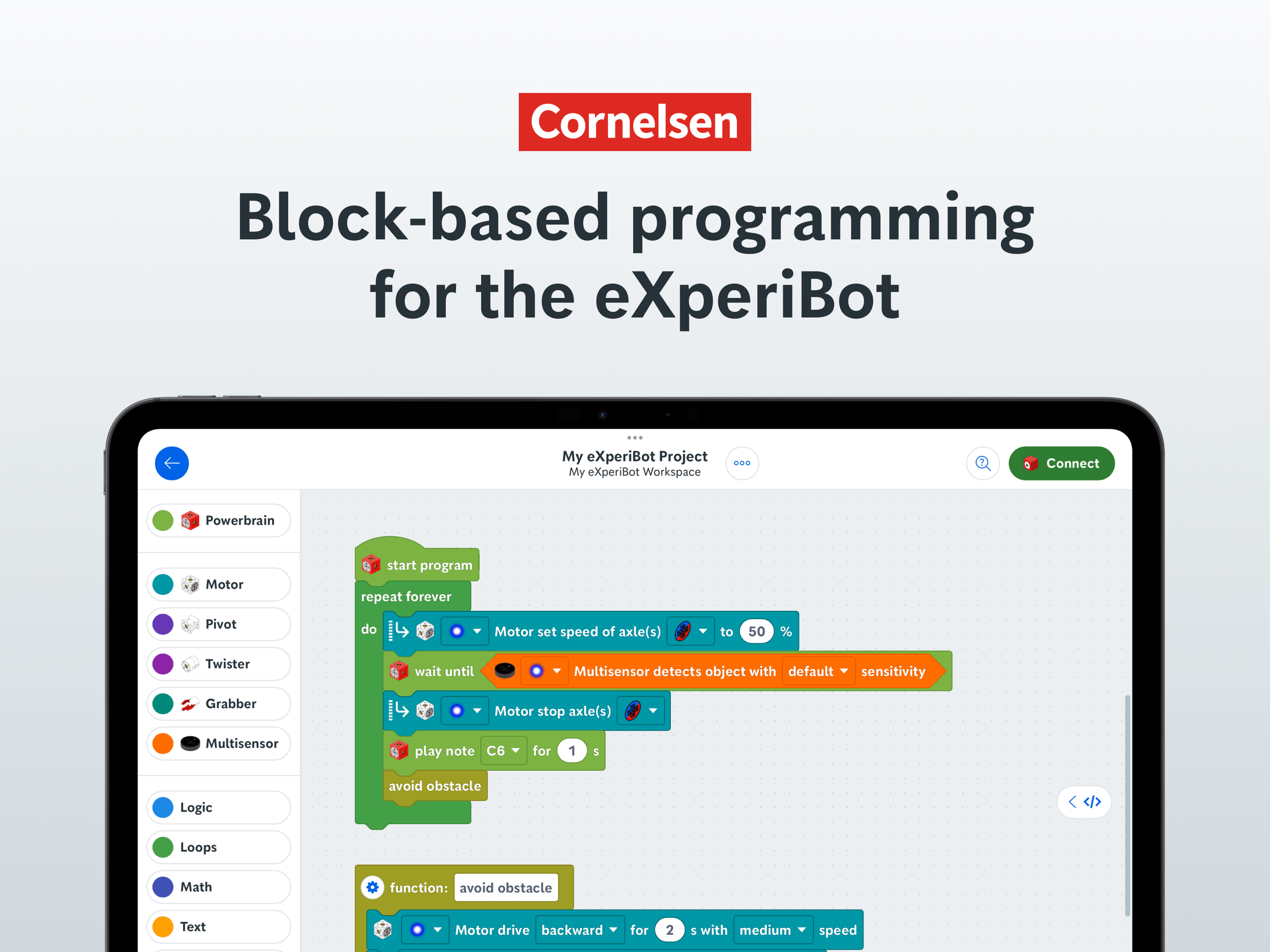 The eXperiBot Blockly App running on an iPad accompanied by the text “Block-based programming for the eXperiBot” and the Cornelsen Logo.