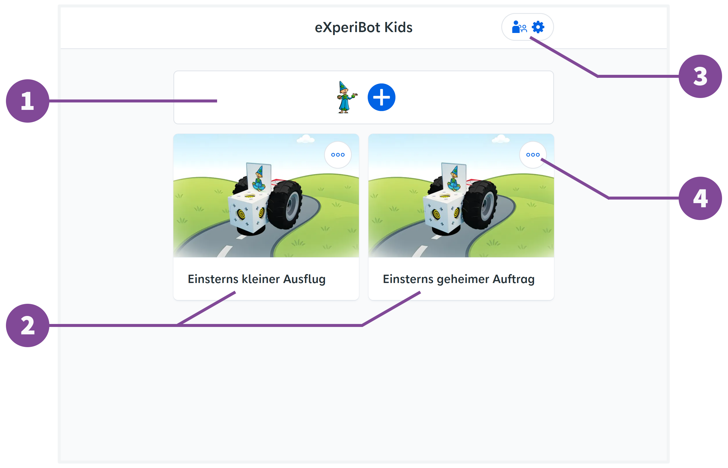Project overview of eXperiBot Kids with two projects already created