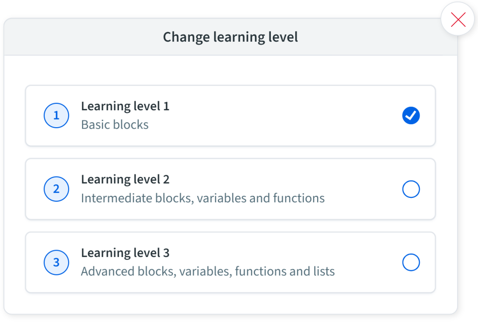 Dialog for learning level selection