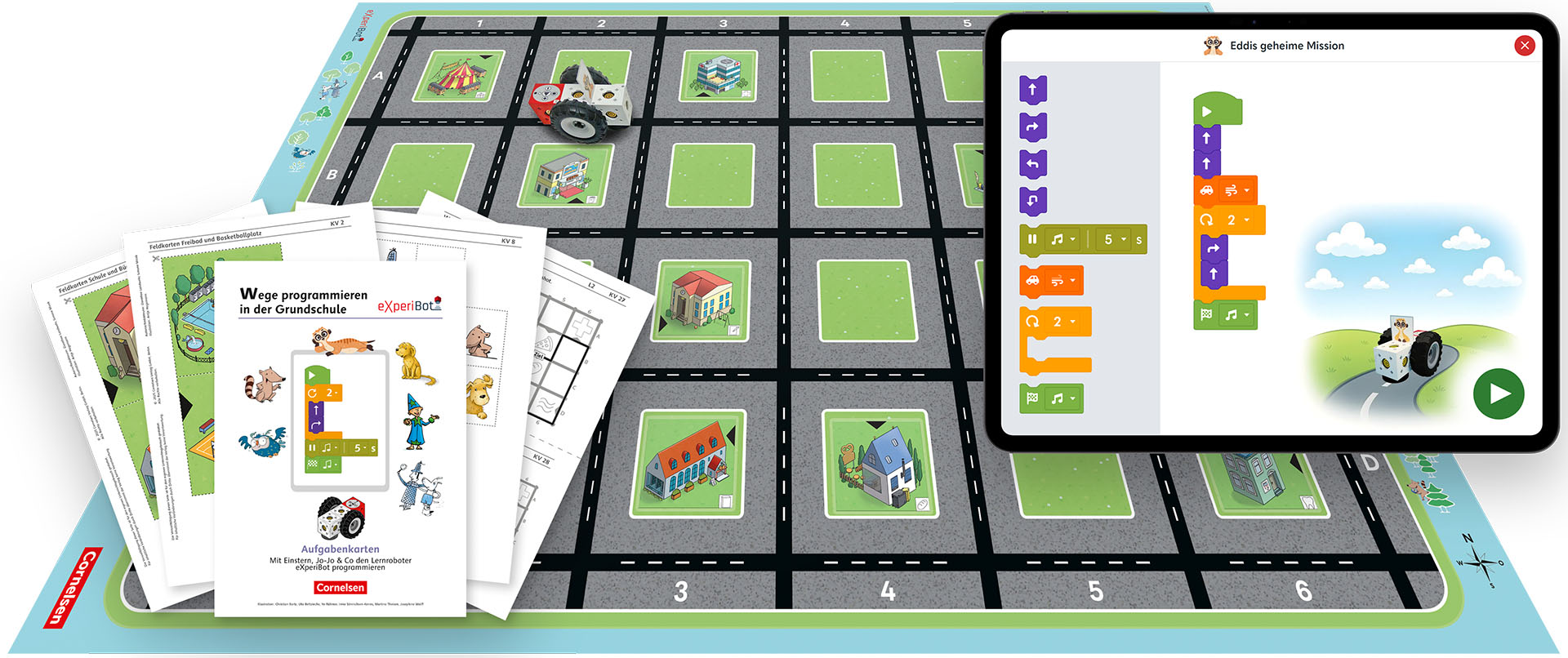 eXperiBot teaching material, “Wayfinder” playmat and a tablet with the eXperiBot Kids app